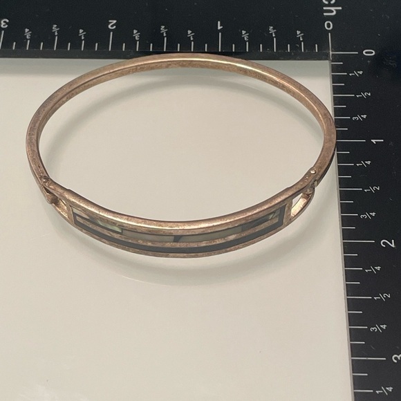 ALPACA MEXICO SILVER ABALONE ONYX MOSAIC INLAY HINGE BANGLE VINTAGE BRA… - Picture 4 of 4